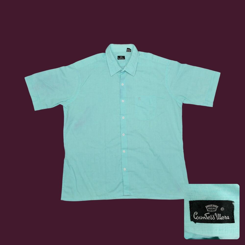 Vintage 80s Countess Mara Aqua Baggy Button Up XL